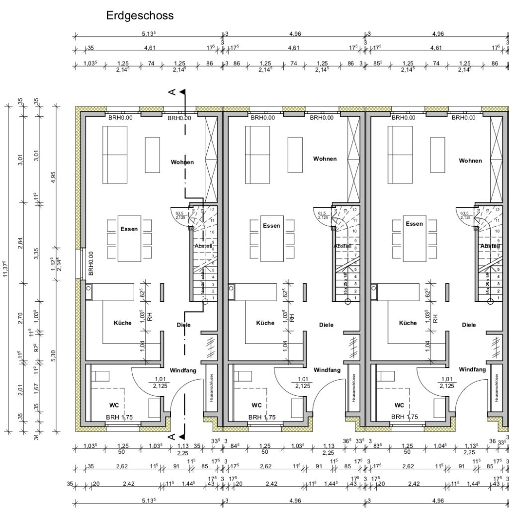 3rhhs-duis- Grundriss Plan von drei Reihenhäuser