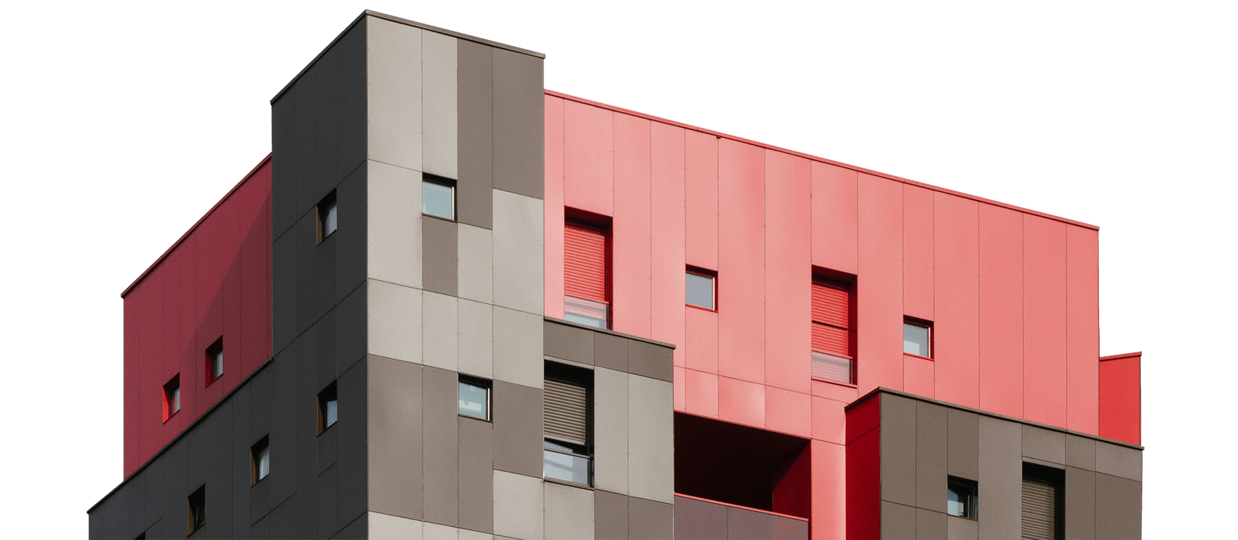 Neubau von einem Hochhause mit rotem Dach