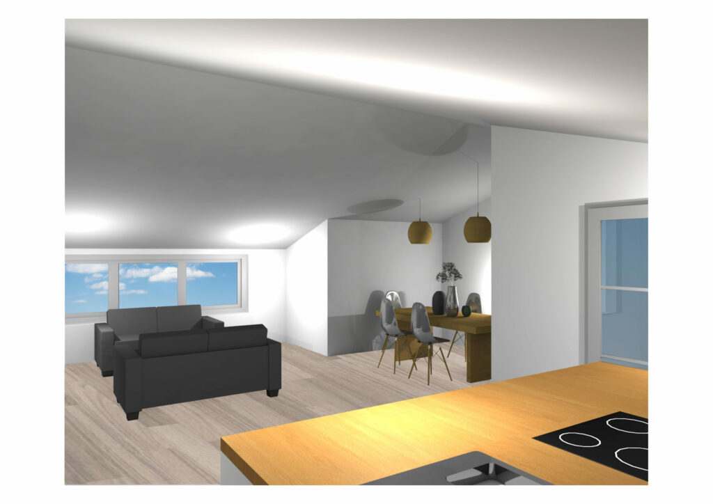 Wohnen-scaled Konzept eines Wohnzimmers mit offene Küche